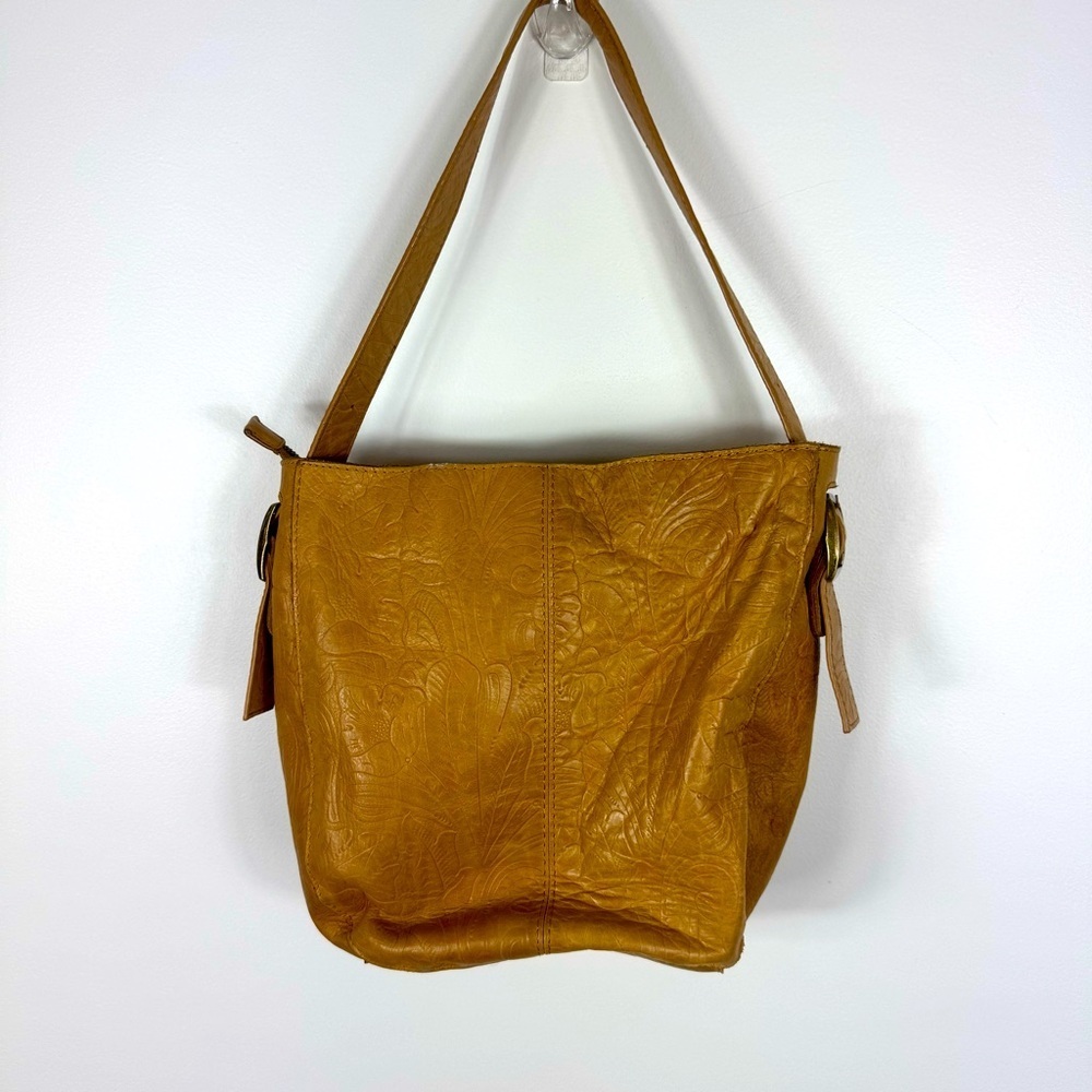 American Leather Co. Embossed Floral Flowers Tan Beige Shoulder Bag Purse - Picture 9 of 12